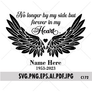 No Longer By My Side But Forever In My Heart SVG PNG Memorial Angel Wings In Loving Memory Remembrance Personalize Name And Date
