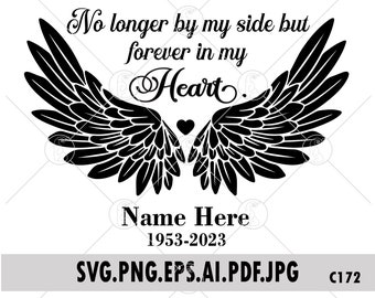 No Longer By My Side But Forever In My Heart SVG PNG Memorial Angel Wings In Loving Memory Remembrance Personalize Name And Date