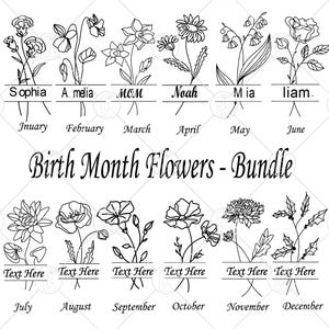 Birth Month Flowers Personalized Bundle SVG, Editable Birth Month Flower Bouquet PNG, Wildflower Birthday Clipart,