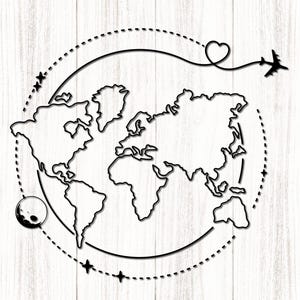 Travel World Map Svg, Mapamundi svg, Minimalist World Map Svg, Round Map Line Art Svg, Adventure World Map, Cricut, Instant Download, Png