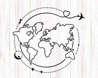 Mappa del mondo da viaggio SVG PNG: arte lineare minimalista - Cricut Silhouette, download digitale