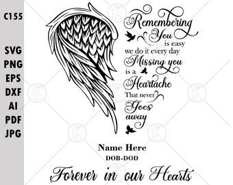 Remembering You Is Easy We Do It Everyday SVG PNG Memorial Angel Wings Heart Quote Rest In Peace Remembrance Editable Name Date Photo