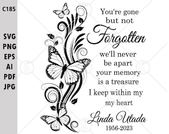 You're Gone But Not Forgotten Quotes SVG PNG Fly Butterfly Wings Art In Loving Memory Rest In Peace Memorial Editable Name Date