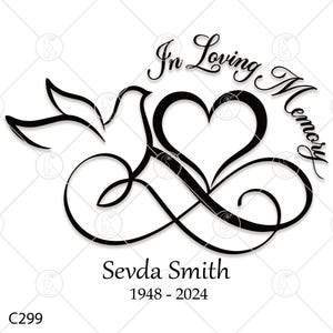 May include: Black and white graphic design of a dove with wings spread, a heart, and a decorative swirl. The text "In Loving Memory" is written in a cursive font. Below the design is the name "Sevda Smith" and the dates "1948 - 2024".