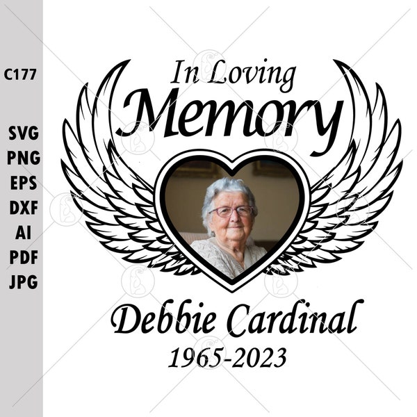 In Loving Memory Angel Wings SVG PNG With Heart Frame Photo Rest In Peace Memorial Editable Photo And Name And Date