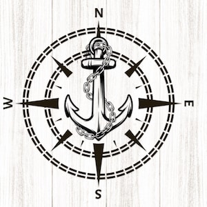 Peut inclure: Design nautique en noir et blanc avec une ancre et sa chaîne, au centre d'une rose des vents. La boussole indique le Nord, le Sud, l'Est et l'Ouest. Le motif est sur un fond blanc à effet bois.
