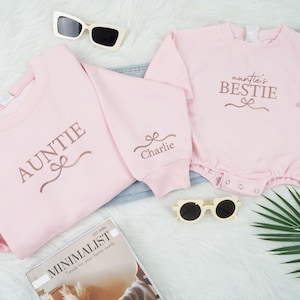 EMBROIDERED Aunt and Aunt&#39;s Bestie Sweatshirt, Custom Auntie and Auntie&#39;s Bestie Shirts, Aunt Niece Bow Outfit, Aunt and Baby Matching Gift