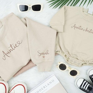 EMBROIDERED Custom Auntie And Auntie&#39;s Bestie Sweatshirts, Auntie Baby Outfits, Matching Auntie And Kid Outfits, Family Costumes