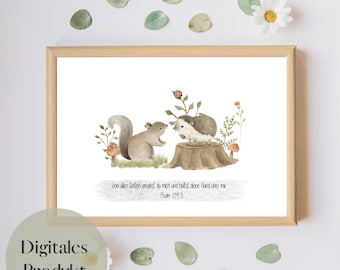 Affiche pour enfants avec des animaux de la forêt et des versets bibliques Produit numérique - Hérisson et écureuil