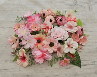 25 pcs Artificial Silk Flowers Pink Colours Faux Flower & Foliage Leaves Craft Heads