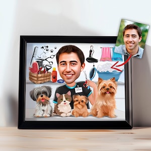 Pet Groomer Caricature - Custom portrait, Portrait from photo, Pet Grooming logo, Dog Groomer Gift,  Cat Groomer, Groomer Cartoon