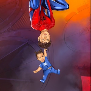 Kundenspezifisches Porträt von Vater und Kind im Superhelden-Stil, Karikatur eines Vaters und eines glücklichen Kindes, Zeichnung für Baby-Superheld, Geburtstagssohn