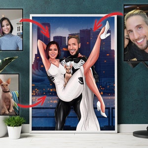 História de amor de super-heróis, retrato de casal personalizado no estilo super-herói, retrato de super-herói de casamento, super-herói de aniversário, arte de esposa e marido