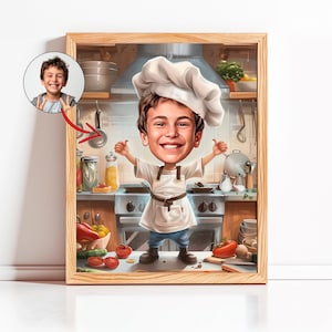 Caricatura personalizada de niño chef, obtenga su propio retrato de chef a partir de su foto, pintura de niño chef, regalo infantil, retrato de estrella culinaria, dibujo de chef