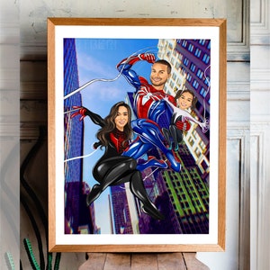 Aangepaste superheld familieportret, portret van foto, groepsportret in stijl superheld, cadeau voor familie, jubileum familiecadeau