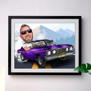 Retrato personalizado de un amante de los coches: un regalo único para él, dibujo y caricatura de coche personalizados, ideal para novios y maridos, hombre en el coche