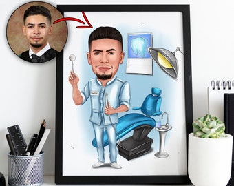 May include: A cartoon illustration of a dentist in a blue uniform holding a dental tool. The dentist is standing in front of a dental chair with a light above it. The background is light blue.