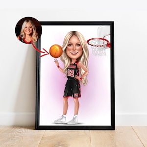Custom Female Basketball Player Cartoon Caricature, Basketball Portrait, Gift for Basketball Player, Portrait from Photo, Basketball fan