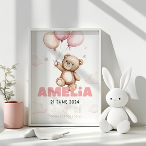 Personalised Print New Baby Birth Stats Keepsake Gift Girl Birth Print Baby Shower Christening Gift Baby Gift Custom Art Nursery Decor Pink