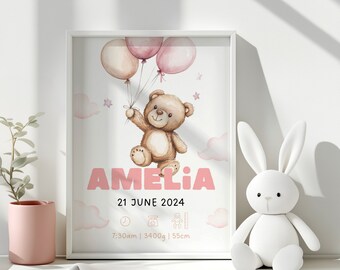 Personalised Print New Baby Birth Stats Keepsake Gift Girl Birth Print Baby Shower Christening Gift Baby Gift Custom Art Nursery Decor Pink