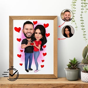 Caricatura de pareja personalizada con corazones, retrato de pareja en caricatura, retrato personalizado a partir de una foto, regalo de aniversario, regalo de San Valentín