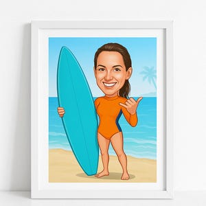 Female Surfer Caricature – Custom Portrait from Photo, Funny Surf Girl Gift, Personalized Beach Cartoon Drawing, Surf Art for Her