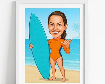 May include: A cartoon illustration of a person holding a blue surfboard on a beach. The person is wearing an orange swimsuit and has brown hair.