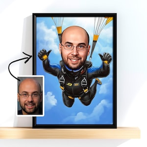 Personalised Skydiver Cartoon Portrait, Custom Skydiver Caricature, Funny Skydiver Poster, Gift for Skydiver, Skydiver From Your Photo