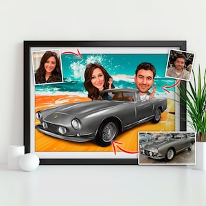 Benutzerdefiniertes Porträt eines Paares und eines Autos, Auto-Liebhaber-Porträt, Familienkarikatur mit einem Auto, Lieblingssportauto, bestes Geschenk für Ehemann-Freund