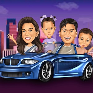 Personalized Family Cartoon Portrait with Car – Custom Group Illustration, Caricature Drawing from Photo, Funny Family Gift Idea