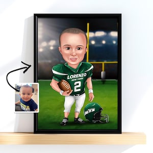Retrato de caricatura de fútbol americano para niño: caricatura infantil personalizada a partir de una foto, dibujo divertido de jugador de fútbol, regalo deportivo personalizado