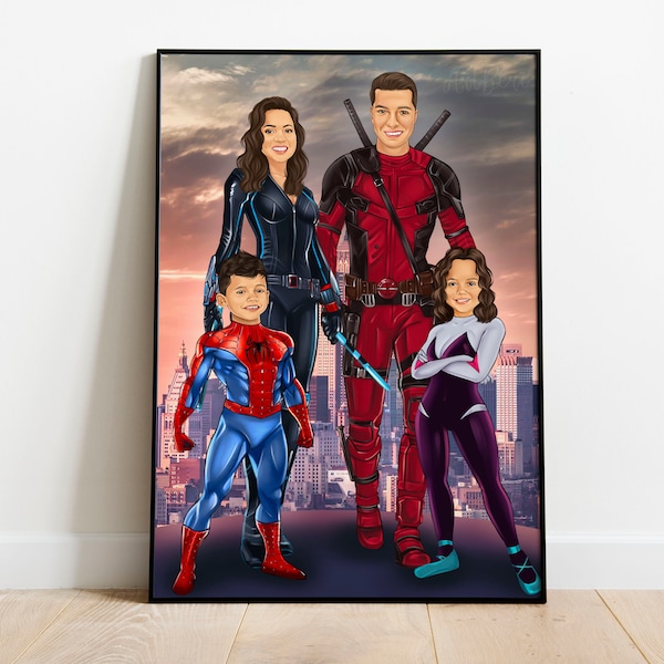 Custom Family Portrait In Superhero Style, Personalized Family Art Deco, Weedding gift, Superhero illustration from photo, Group Portrait