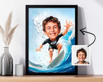 May include: A cartoon illustration of a boy surfing on a wave. The boy is wearing a black wetsuit with a blue logo and has a big smile on his face. The wave is blue and white with splashes of water.