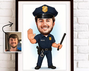 May include: A cartoon illustration of a police officer with a blue uniform, a black belt, and a black baton. The officer is wearing a blue hat with a gold star and the word "POLICE" is printed on the uniform.