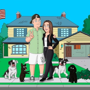 Custom Couple Portrait, American Dad Style Cartoon Illustration from photo Best gift idea for Christmas or Anniversary, Couple with Pets