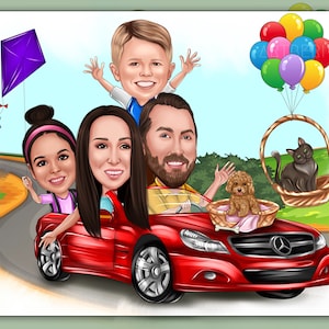 Retrato familiar personalizado con automóvil: un regalo único para los amantes de los automóviles y una alegre celebración de la familia y las mascotas, regalo para padre/novio
