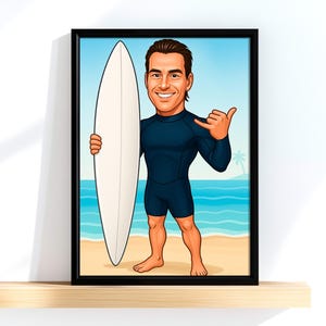 Surfer Caricature – Custom Portrait of Male Surfer from Photo, Funny Beach Gift, Personalized Surf Art, Cartoon Drawing for Him