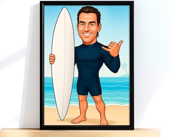 May include: A cartoon illustration of a person holding a white surfboard while standing on a beach. The person is wearing a blue wetsuit and has a friendly expression on their face.