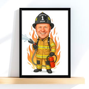 Firefighter Caricature – Custom Portrait from Photo, Funny Fireman Drawing, Gift for Firefighter, Personalized Cartoon Illustration