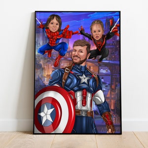 Benutzerdefinierte Familien-Superhelden-Porträt, Familien-Superhelden-Karikatur vom Foto, personalisiertes Porträt, Familien-Superheldengeschenk, Zeichnung von Vater und Sohn