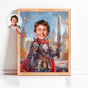 Benutzerdefinierte Ritter Jungen Karikatur, Cartoon Porträt vom Foto, Ritter Jungen Malerei, Kindergeschenk, Ritter Jungen Porträt, Kind mit einer Schwertzeichnung