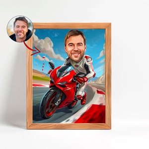 May include: A caricature of a person riding a red motorcycle on a race track. The person is wearing a white racing suit and a helmet. The motorcycle has a black seat and black wheels.