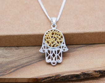 Silver and Gold Hamsa Protection Pendant with Holy Verse Shema Israel, Judaica Necklace Gift from Israel, Sterling Silver & 18k Gold Plating