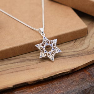 925 Sterling Silver Star of David Necklace, Filigree Magen David Pendant with Blue Crystals, Judaica Jewelry Spiritual Gift for woman