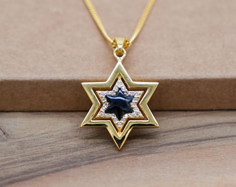 Gold Star of David Pendant with Black Onyx, Sterling Silver and 18K Gold-Plating Magen David Necklace, Gift from Israel, Jewish Jewelry