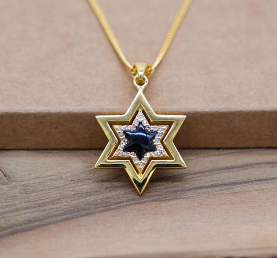 Gold Star of David Pendant with Black Onyx, Sterling Silver and 18K Gold-Plating Magen David Necklace, Gift from Israel, Jewish Jewelry