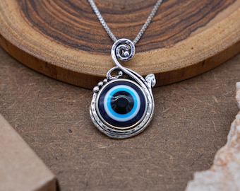 Evil Eye Silver Pendant, 925 Sterling Silver Eye Symbol Protection Necklace, Blue Eye Glass Ethnic Pendant gift for woman