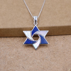 Collar Magen David azul y blanco, colgante de estrella de David, colgante judío de plata con lapislázuli y concha blanca, regalo de joyería judía para mujeres