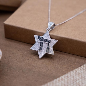 Silver Star of David Necklace with Crystals, Magen David Chai Pendant, Judaica Jewelry Jewish Gift for Woman, Israel Sacred Blessing Pendant