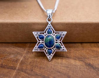 Star Of David Necklace Eilat stone Jewish Jewelry, Magen David Silver Pendant with Azurite Malachite, Israel Judaica Necklace for Woman